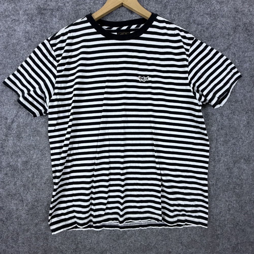 Dark Seas Division T-Shirt Mens Large Black White Striped Cotton Logo Crew Neck